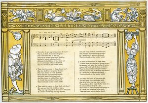 'Leather Bottel', sangillustrasjon fra 'Pan-Pipes', A Book of Old Songs, Nyarrangert og med akkompagnement av Theo. Marzials, utgitt i London av George Routledge und Sons, 1884 (farge li av Walter Crane